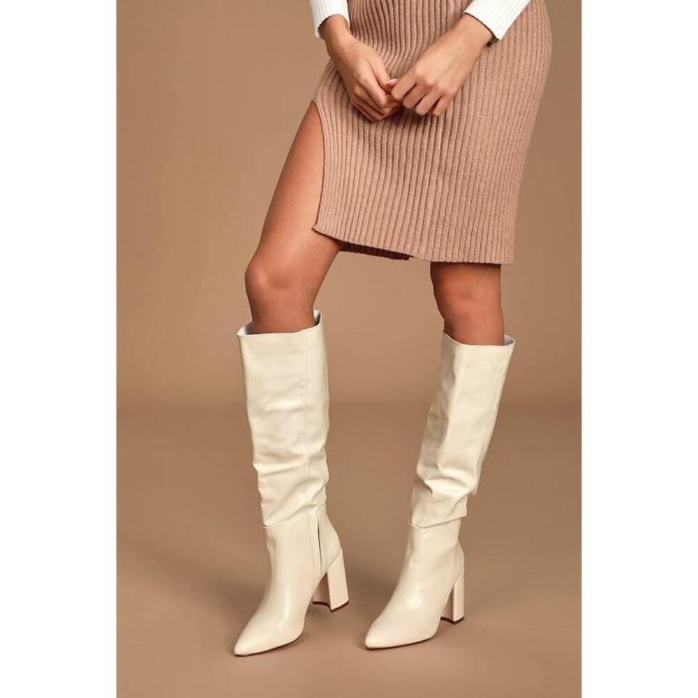Lulus Katari Off White Pointed-toe Knee High Boots - Size 8.5